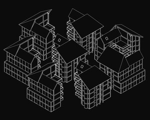 A group of buildings are shown in a black and white drawing. The buildings are all different sizes and shapes, with some having flat roofs and others having sloped roofs
