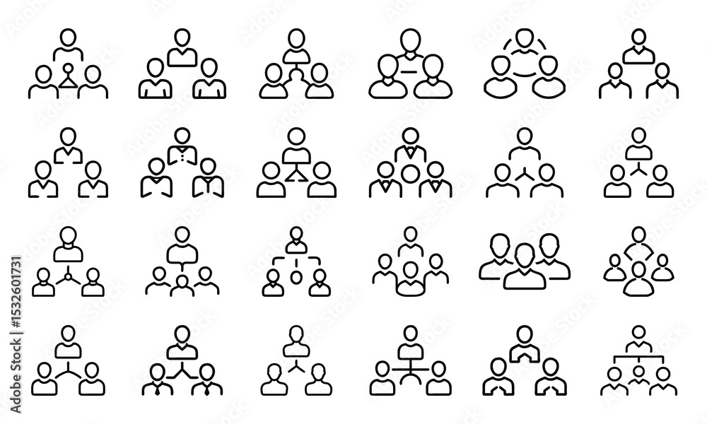 Poster a comprehensive collection of outline style teamwork and hierarchy icons representing various group 