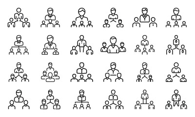 Collection of line art icons depicting organizational structures and hierarchies in business
