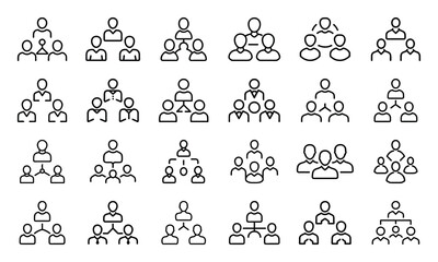 A comprehensive collection of outline style teamwork and hierarchy icons representing various group structures