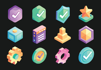Isometric Icon Set Quality, Security, and Success Symbols