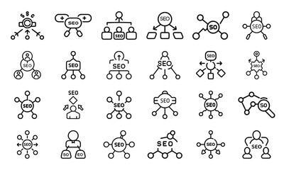 A comprehensive collection of seo icon designs illustrating digital marketing strategies and website optimization techniques