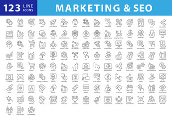 Collection of 120 Outline Style Black and White Vector Icons for Marketing and SEO