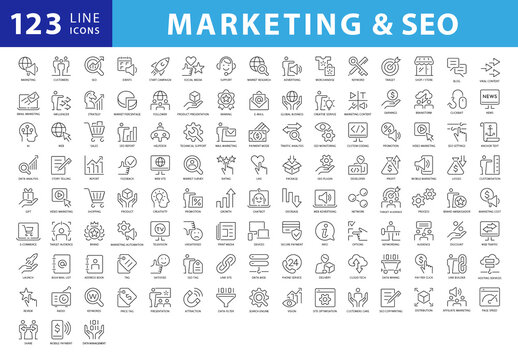 Collection of 120 Outline Style Black and White Vector Icons for Marketing and SEO