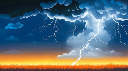 Dramatic thunderstorm over a field at sunset.
