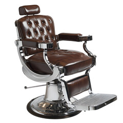 A vintage brown leather barber chair isolated on transparent background
