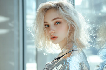 Luxurious blonde woman in silver jacket stands near glass wall and poses for camera