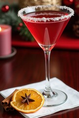 Cranberry Rosemary Martini: A festive cranberry rosemary martini garnished with sugared rim, orange slice, star anise, and cinnamon sticks. The rich red cocktail is perfect for holiday celebrations. 