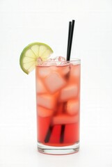 Refreshing Berry Cooler: An inviting image showcasing a vibrant, ruby-red berry cooler, complete with ice cubes, lime garnish, and dark straws, promising a taste of summer refreshment. 