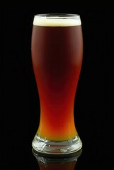 Amber Ale in Elegance: A beautifully illuminated glass of amber ale stands proudly against a dark backdrop, its rich hues and delicate foam. the essence of pure refreshment.