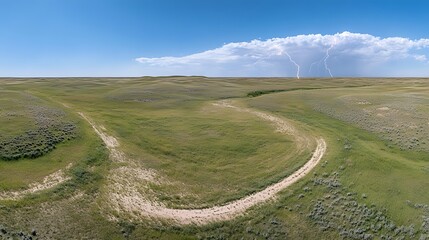 Wide shot of a grassy plain with a winding dirt road under a partly cloudy sky with lightning.