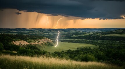 Lightning storm over a valley landscape.