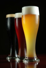 Trio of Craft Brews: Capturing the essence of refreshment, a trio of craft beers, each with a unique hue, stand tall in elegant glassware against a dark backdrop. A tribute to artisanal brewing.
