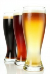 Craft Beer Trio: A refreshing trio of craft beer glasses showcases the rich diversity of flavors and colors in the world of brewing, perfect for food and beverage concepts.