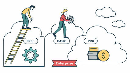 Illustration of different business plans with people climbing and carrying gears and money stacks