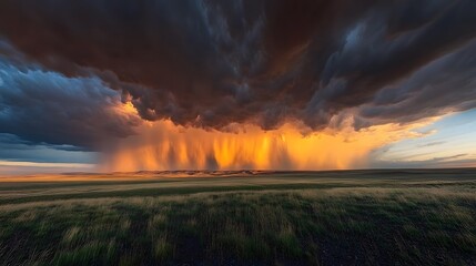 Dramatic sunset over a vast plain during a storm.