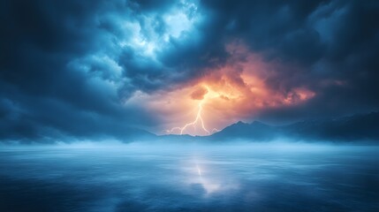Dramatic lightning storm over a still lake.