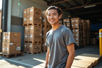 Brightly Smiling Young Asian Man in His 20s Working at a Brewery Loading Dock with Beer Cases