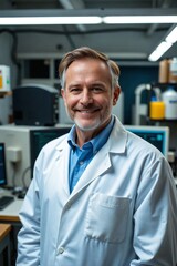 Fototapeta premium Caucasian Male Scientist in His 40s in a Brewery Lab with Scientific Equipment