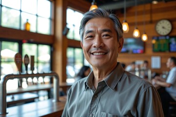 Welcoming Senior Asian Man in His 50s Smiling in a Brewery Tasting Room with a Wooden Bar and Beer Taps
