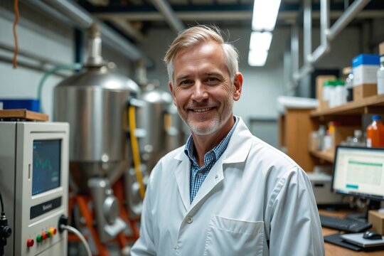 Caucasian Male Scientist in His 40s in a Brewery Lab with Scientific Equipment - Powered by Adobe