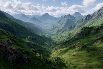 Fototapeta premium Serene mountain valley landscape under a cloudy sky