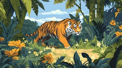 Tiger ambles through a vibrant jungle.