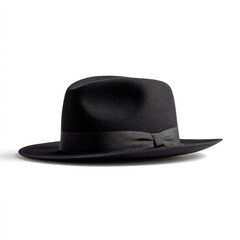 Elegant Black Hat on White Background: Sophisticated Men's Accessory for Business and Special Occasions. Creative Abstract Commercial Concept Symbolizing Success and Style. High-Quality Realistic Stud