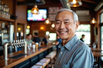 Welcoming Senior Asian Man in His 60s Smiling in a Brewery Tasting Room with a Wooden Bar and Beer Taps