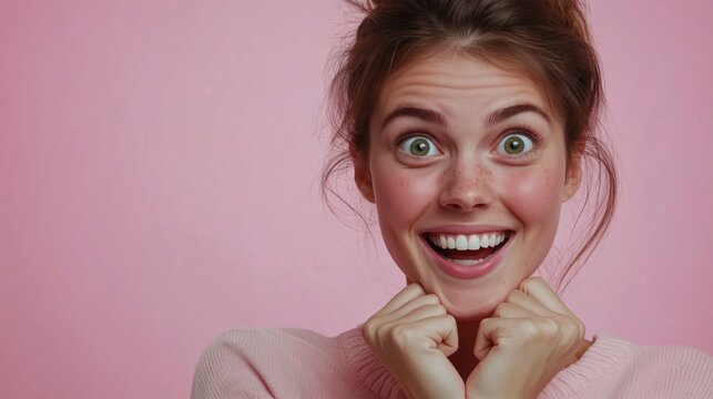 A red-haired woman in a sweater, smiling broadly and making a surprised or playful face against a pink background.