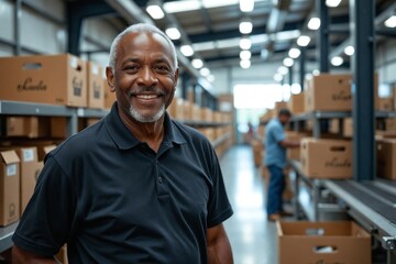 Warmly Smiling Senior Black Man in His 60s Working in a Beverage Packaging Area