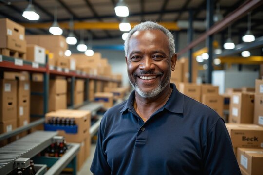 Warmly Smiling Senior Black Man in His 50s Working in a Beverage Packaging Area