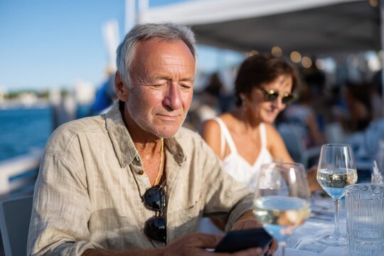 A middle-aged man focused on his phone while dining at a scenic waterfront restaurant, blending modern technology with relaxation in a beautifully serene environment.