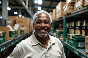 Fototapeta premium Warmly Smiling Senior Black Man in His 60s Working in a Beverage Packaging Area