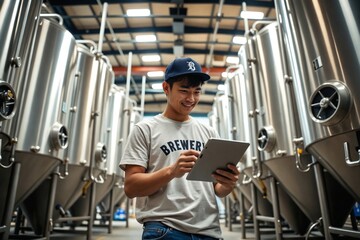 Confident Young Asian Brewer Using a Tablet for Quality Control in a Modern Industrial Brewery