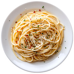 A plate of spaghetti with garlic, pepper, and chili flakes, isolated on transparent background