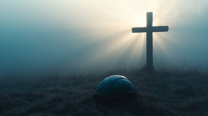 Christian image of a battlefield with a cross in the morning fog. Photo in fog battlefield at dawn with mist and soft morning light, fallen helmet or shield in foreground and heavenly ray of light bre