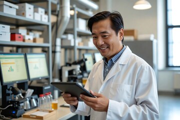Beaming Asian Male Scientist in His 40s Using a Tablet in a Brewery Quality Control Lab