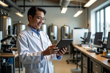 Beaming Asian Male Scientist in His 40s Using a Tablet in a Brewery Quality Control Lab