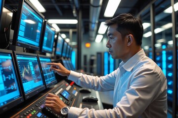 Focused Asian Technician Adjusting a High-Tech Control Panel in a Modern Brewery Control Room