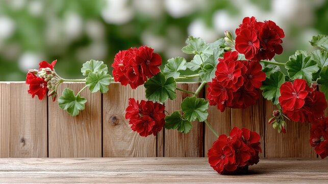 Bright red geraniums bloom against a rustic wooden fence with lush green leaves, embodying the charm of an Eastern European village - Powered by Adobe