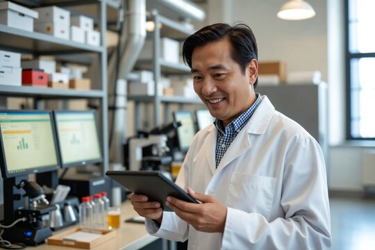 Beaming Asian Male Scientist in His 40s Using a Tablet in a Brewery Quality Control Lab