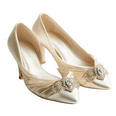 Elegant ivory satin bridal heels with crystal embellishments, isolated on transparent background