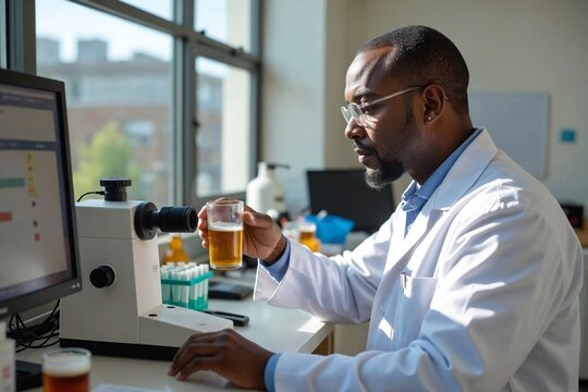 Focused Black Male Scientist in His 40s Using a Spectrometer for Beer Quality Control in a Laboratory - Powered by Adobe