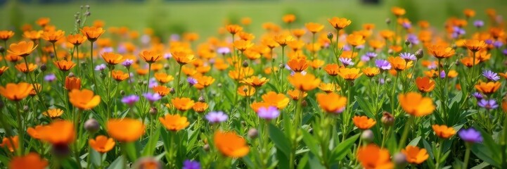 Dense field of orange, purple, and yellow wildflowers, wild, orange