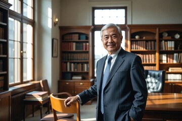 Fototapeta premium Serene Senior East Asian Lawyer in His 60s in a Minimalist Modern Law Office