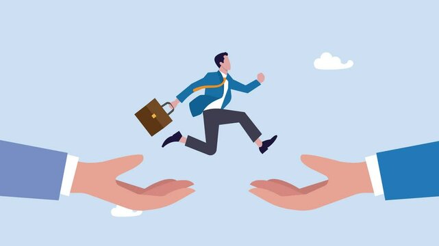Change job or career 4k animation, confidence businessman jumping from giant hand to new place, escape from toxic office, determination and courage to change to better place, video concept.