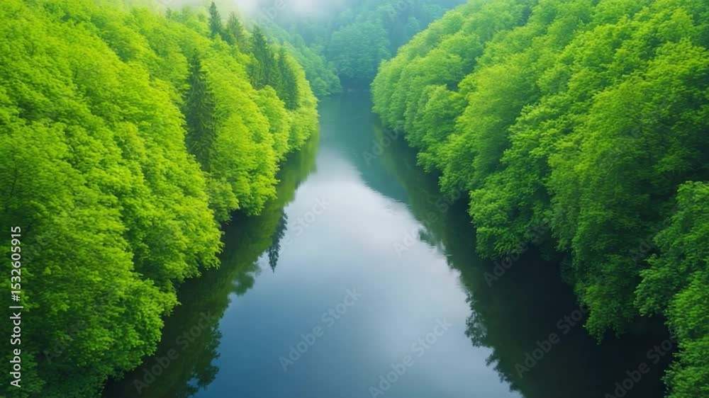 Poster emerald embrace: a tranquil river snakes through a verdant valley, embraced by towering trees and lu