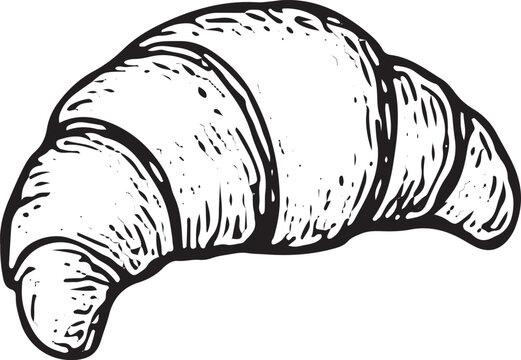 A flaky croissant is sketched in black and white, highlighting its layered texture. This café staple evokes fresh bakery vibes, perfect for pairing with coffee, adding a touch of French 