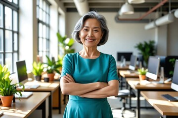 Proud Senior East Asian Female Founder in Her 50s Smiling in a Modern Tech Startup Office
